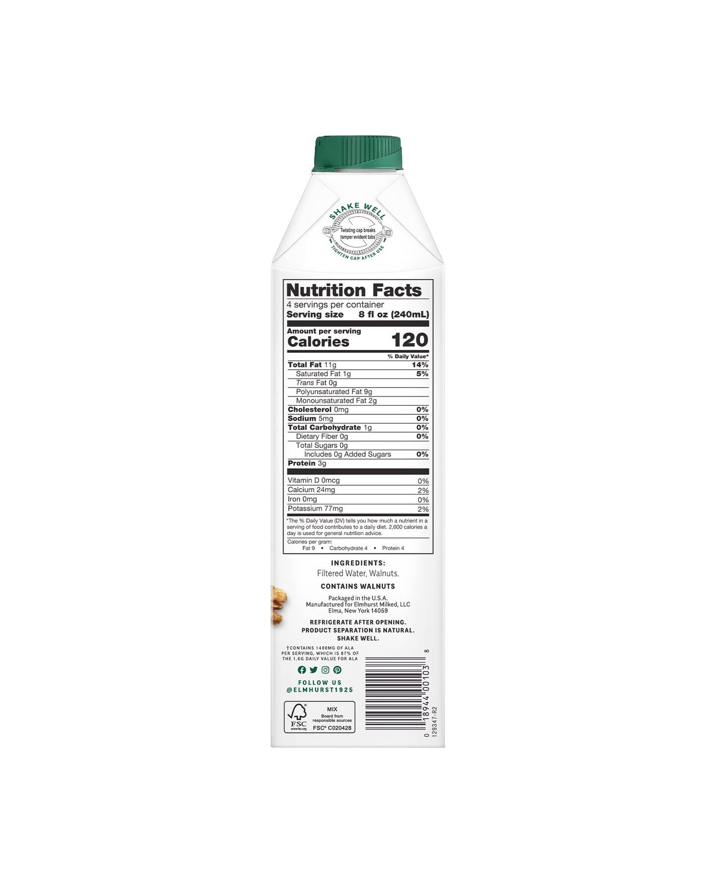The back of Elmhurst 1925 Unsweetened Milked Walnuts