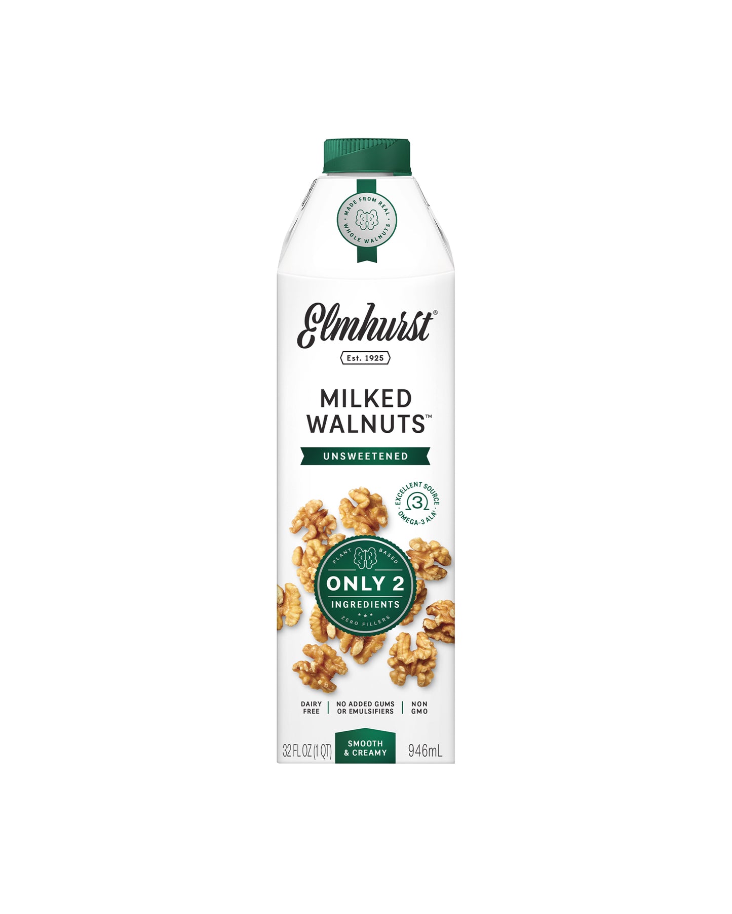 The front of Elmhurst 1925 Unsweetened Milked Walnuts