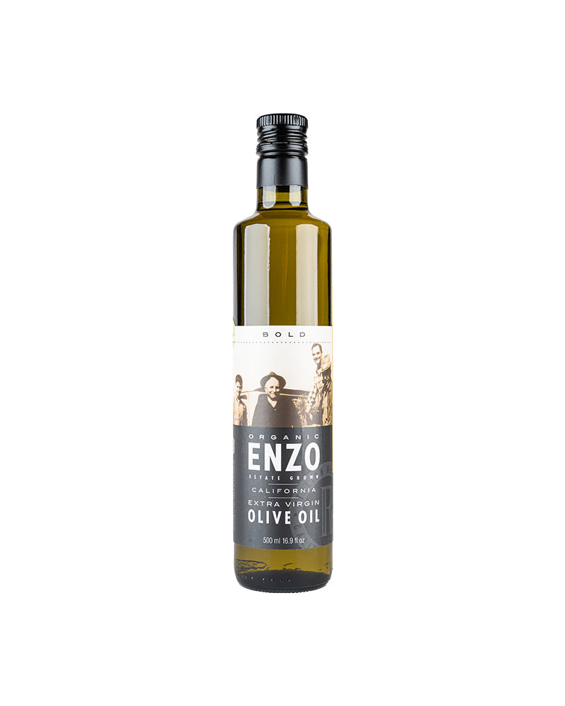 The front of ENZO Olive Oil Company Bold Organic California Extra Virgin Olive Oil