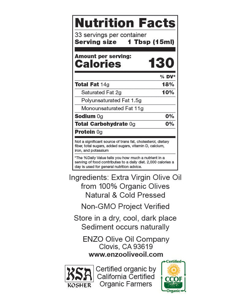 The nutrition panel of ENZO Olive Oil Company Bold Organic California Extra Virgin Olive Oil