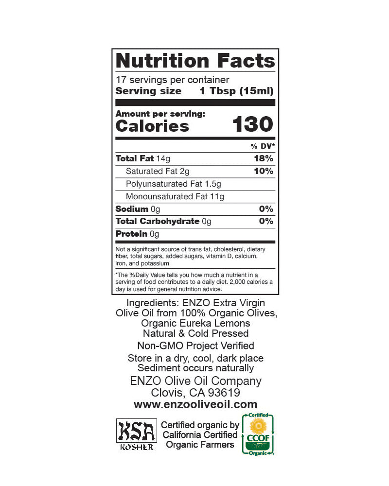 The nutrition panel of ENZO Olive Oil Company Eureka Lemon Crush Organic California Extra Virgin Olive Oil