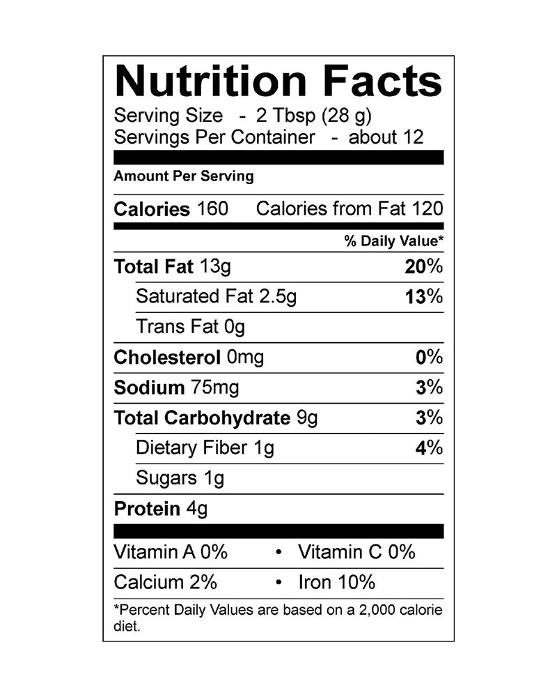 The nutrition panel of Georgia Grinders Creamy Cashew Butter