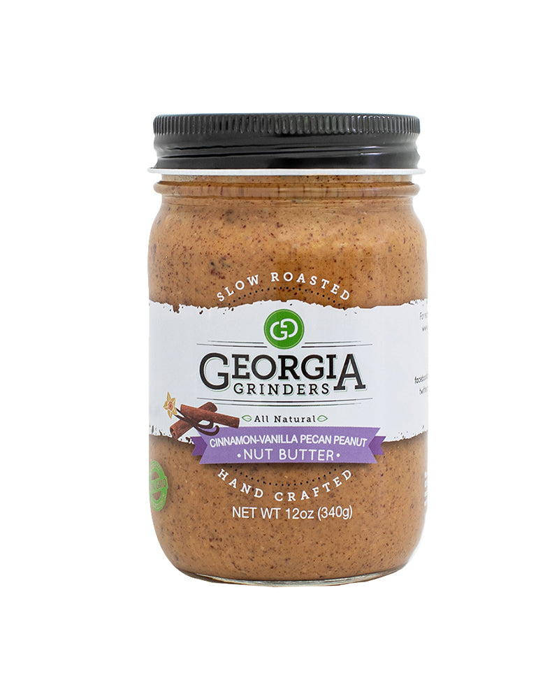The front of Georgia Grinders Cinnamon Vanilla Pecan Peanut Butter