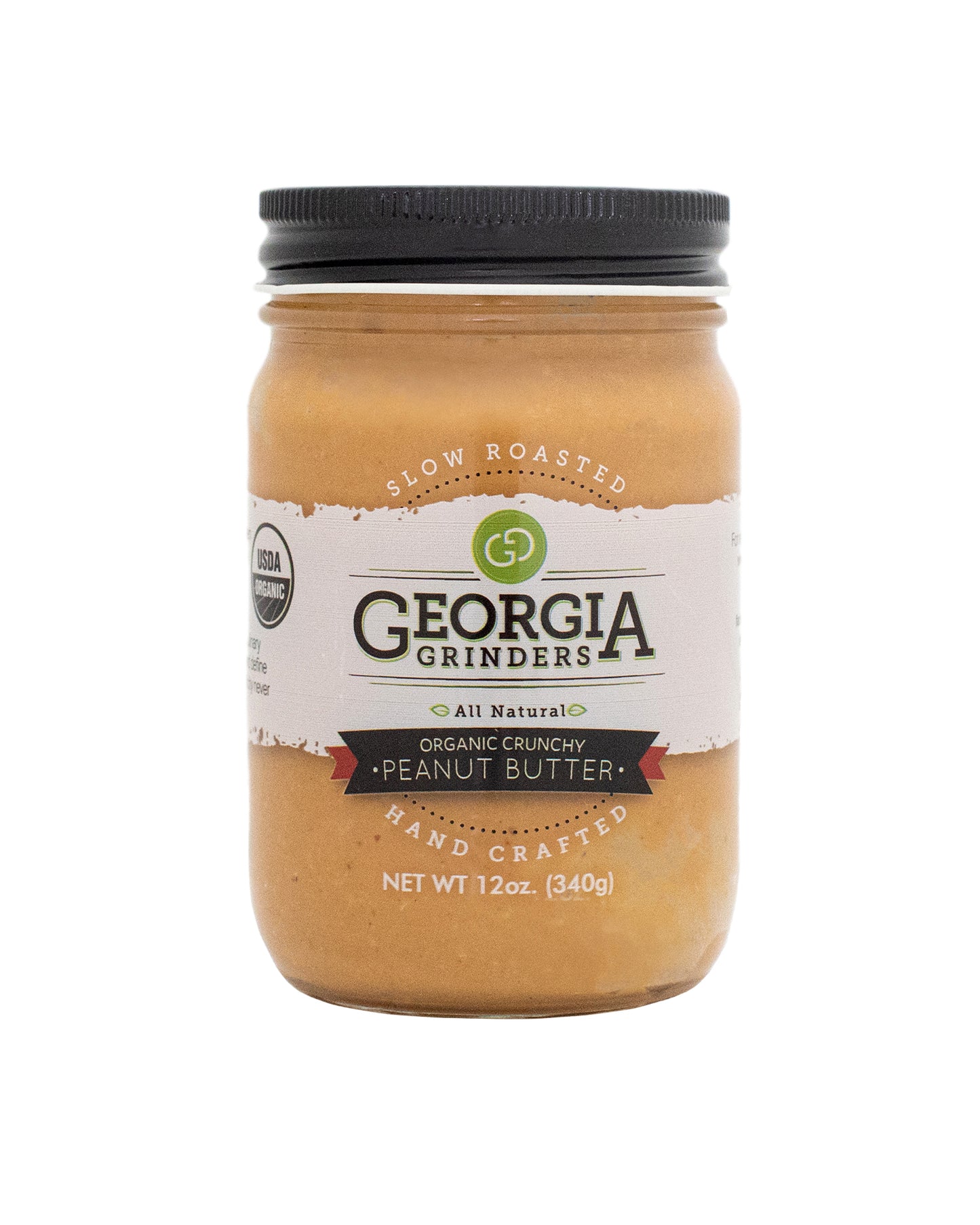 The front of Georgia Grinders Organic Crunchy Peanut Butter