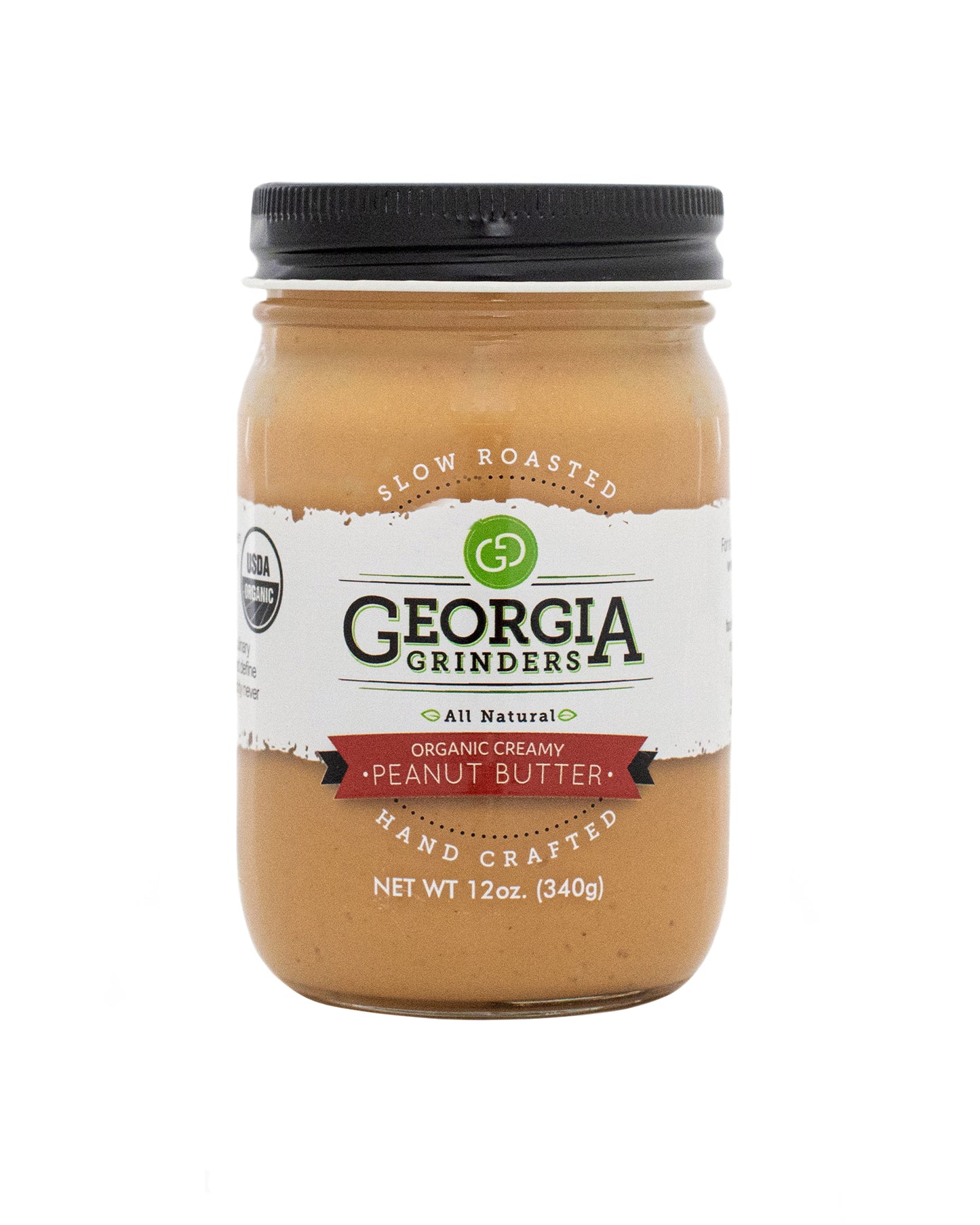 The front of Georgia Grinders Organic Creamy Peanut Butter