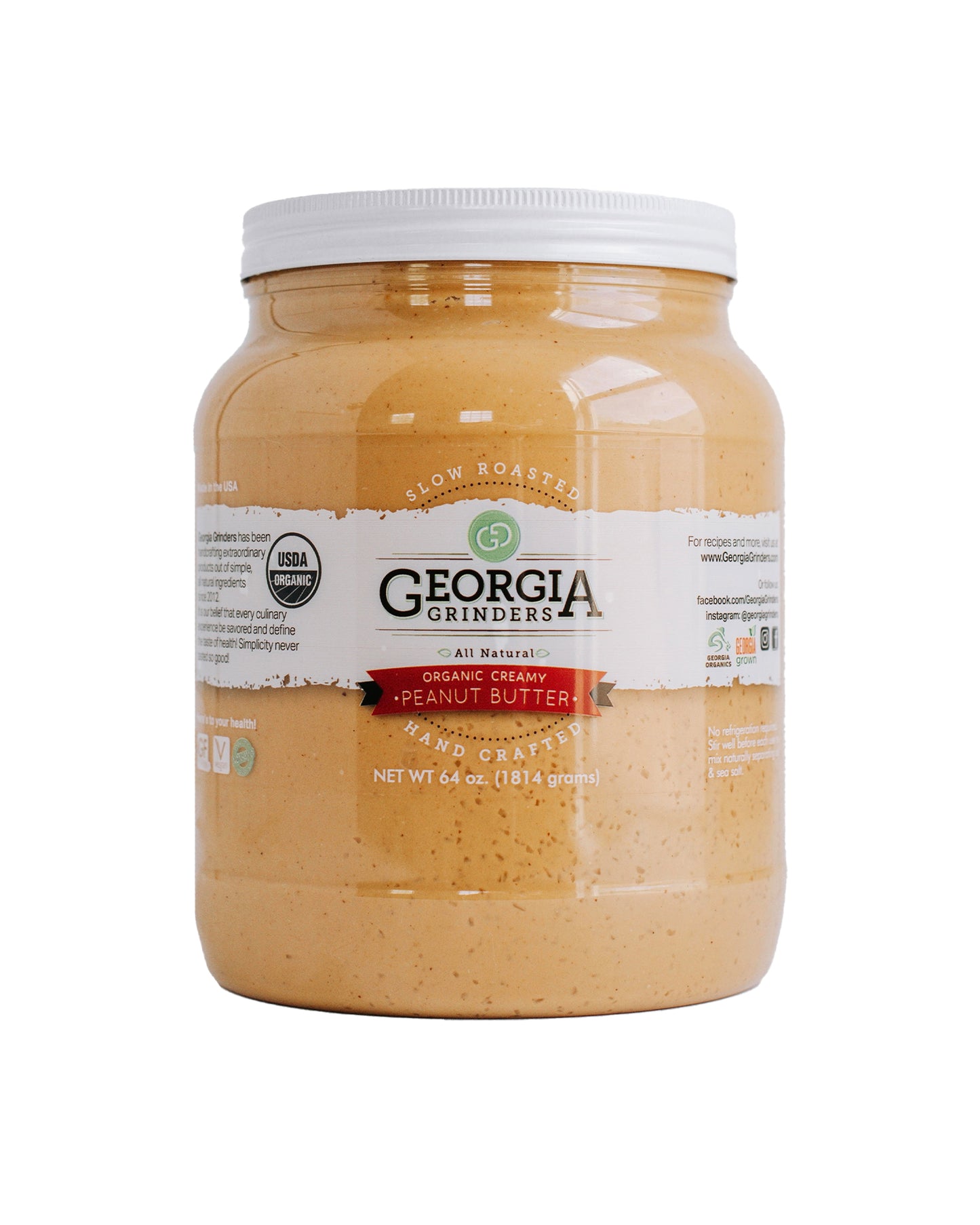 The front of Georgia Grinders Organic Creamy Peanut Butter - Family Size