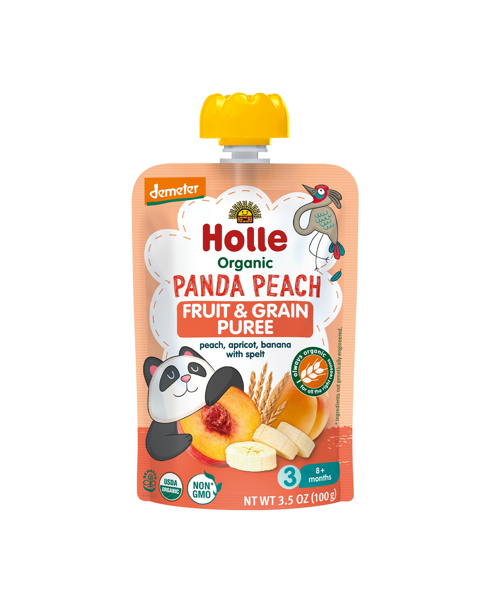 Holle Baby Food Pouches - Organic Fruit & Grain Puree - Panda Peach