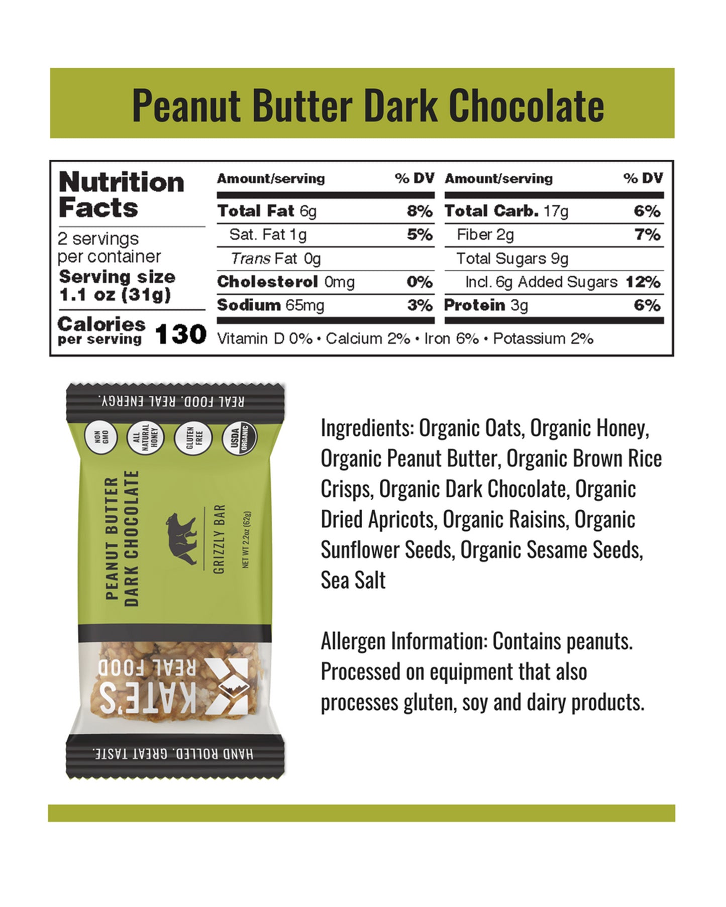 Picture of Kate's Real Food Peanut Butter Dark Chocolate Organic Granola Bars - Box of 12
