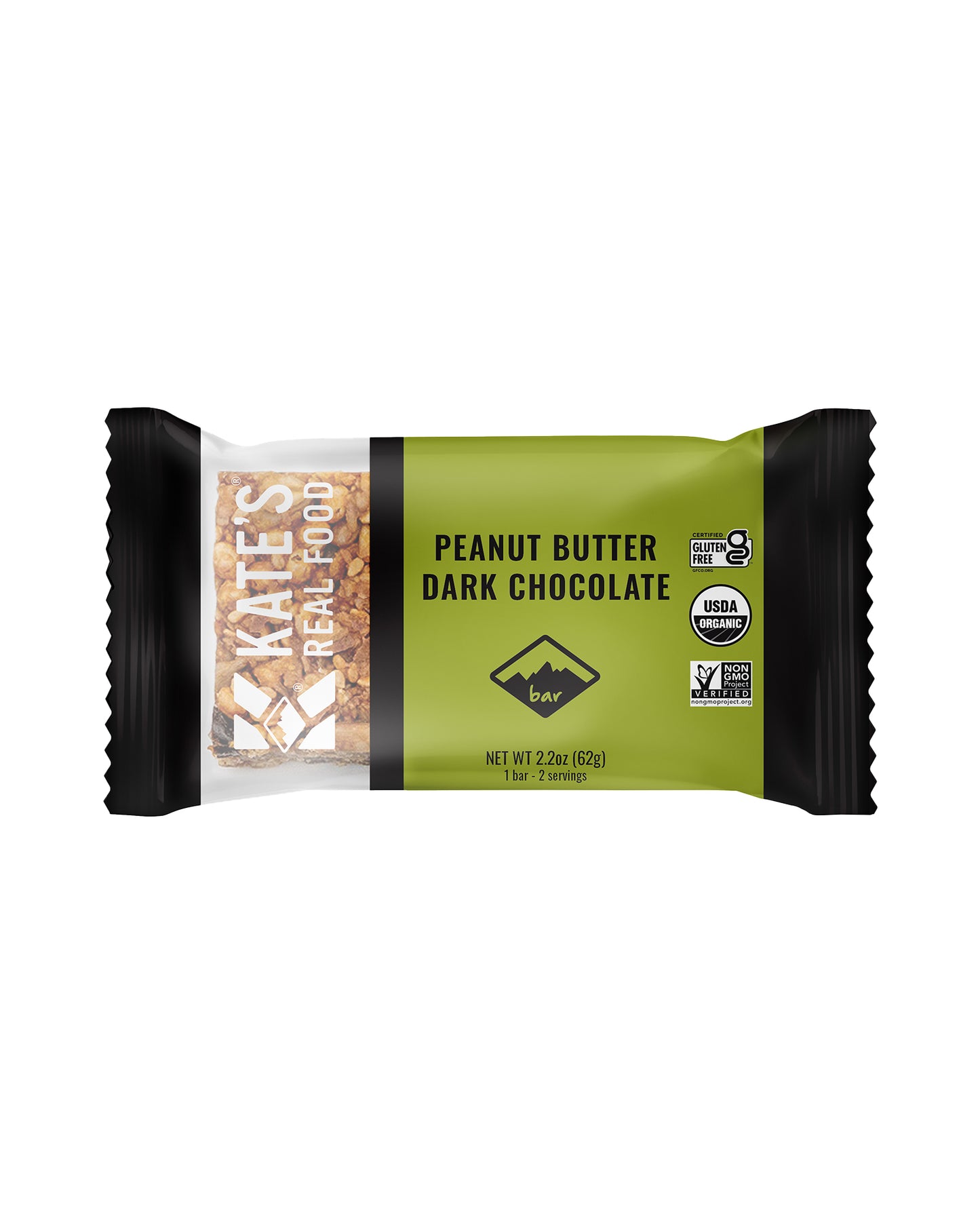 The front of Kate's Real Food Peanut Butter Dark Chocolate Organic Granola Bars - Box of 12