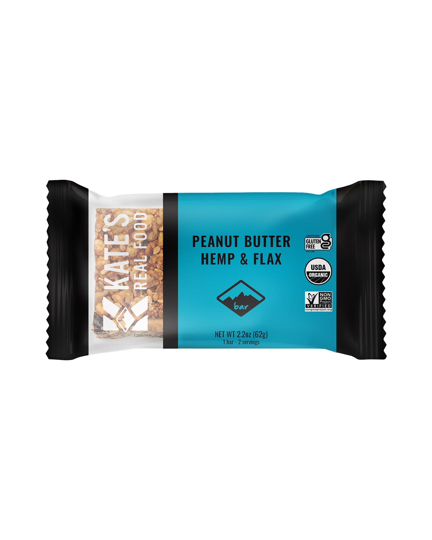 The front of Kate's Real Food Peanut Butter Hemp & Flax Organic Granola Bars - Box of 12