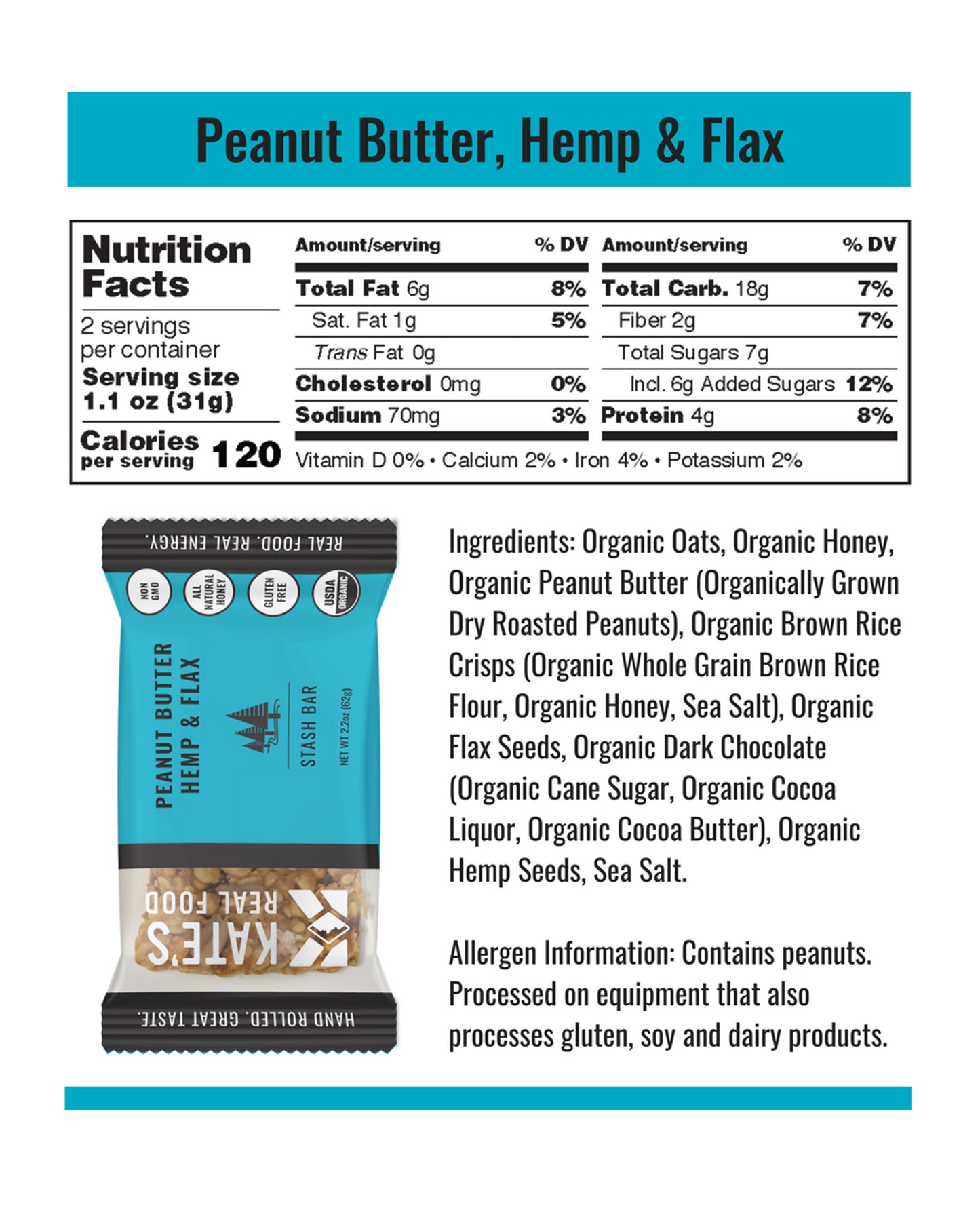 Picture of Kate's Real Food Peanut Butter Hemp & Flax Organic Granola Bars - Box of 12