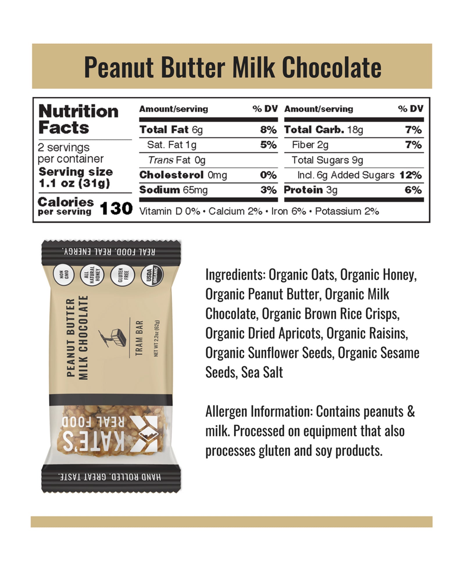 Kate's Real Food Bar, Peanut Butter Milk Chocolate - 12 pack, 2.2 oz bars