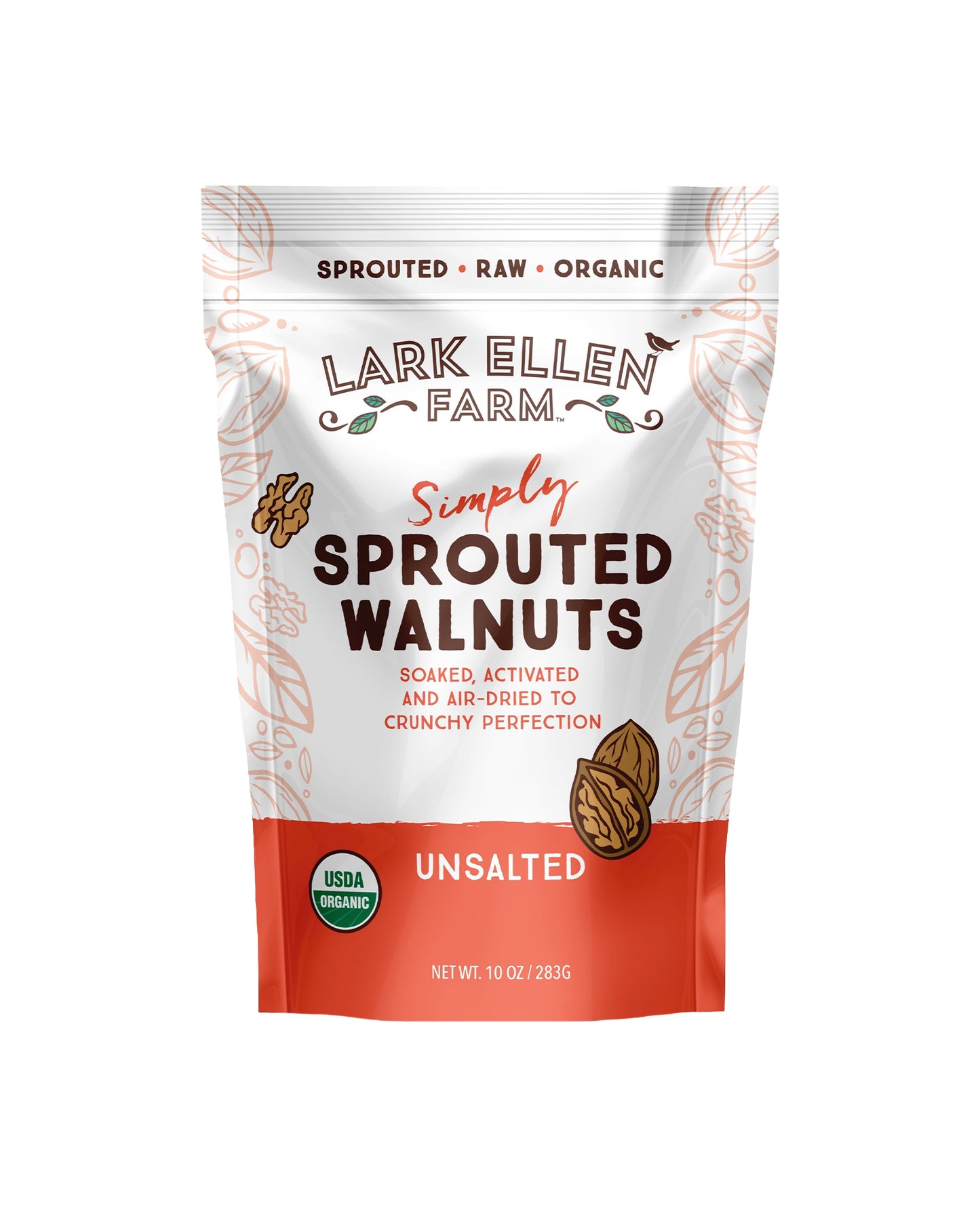 The front of Lark Ellen Farm Sprouted & Organic Walnuts