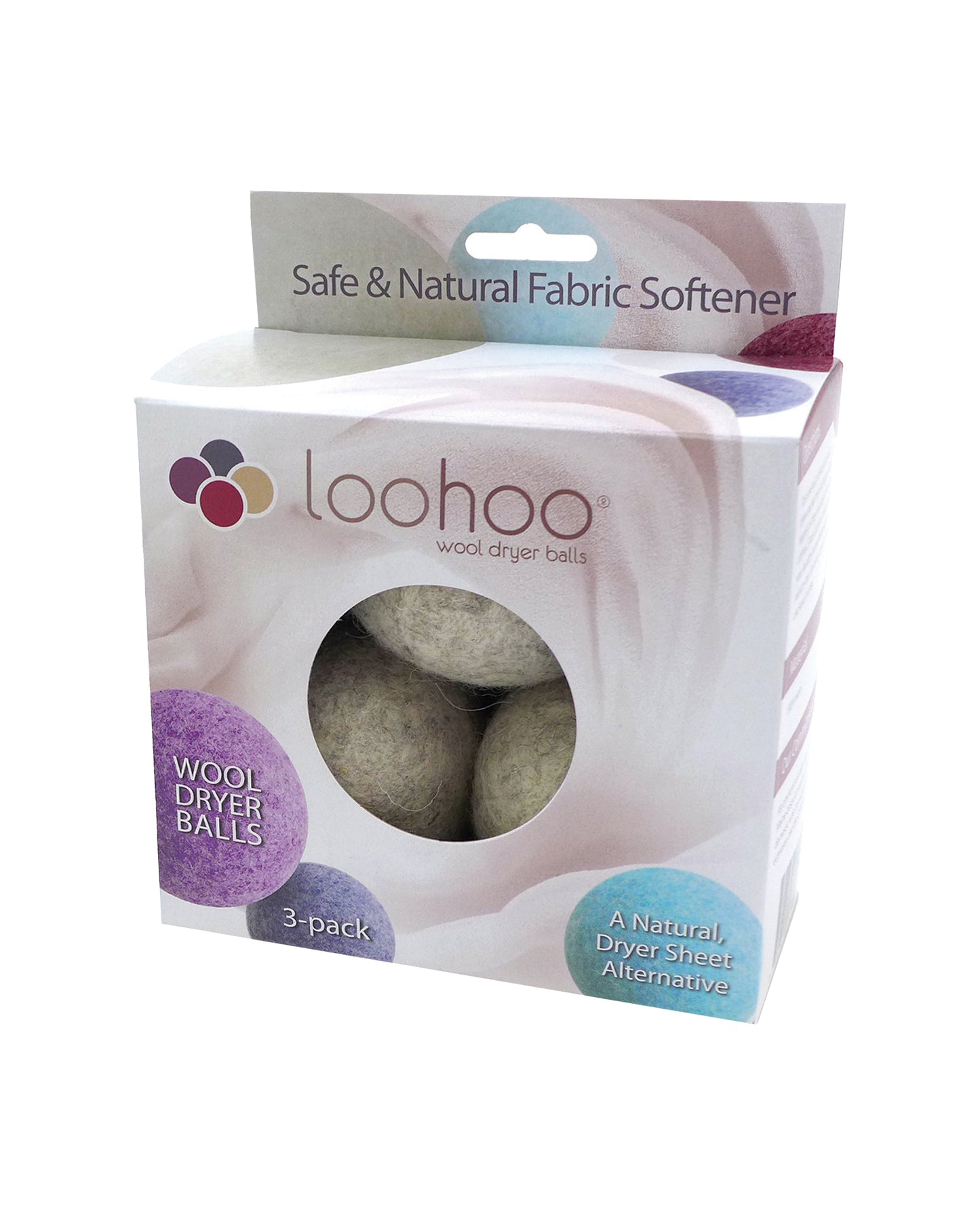 The front of LooHoo Light Grey Wool Dryer Balls