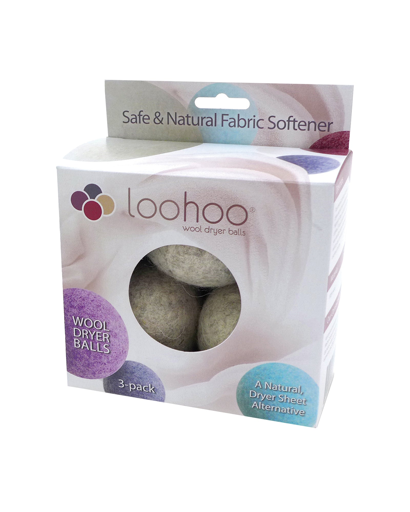 The front of LooHoo Light Grey Wool Dryer Balls