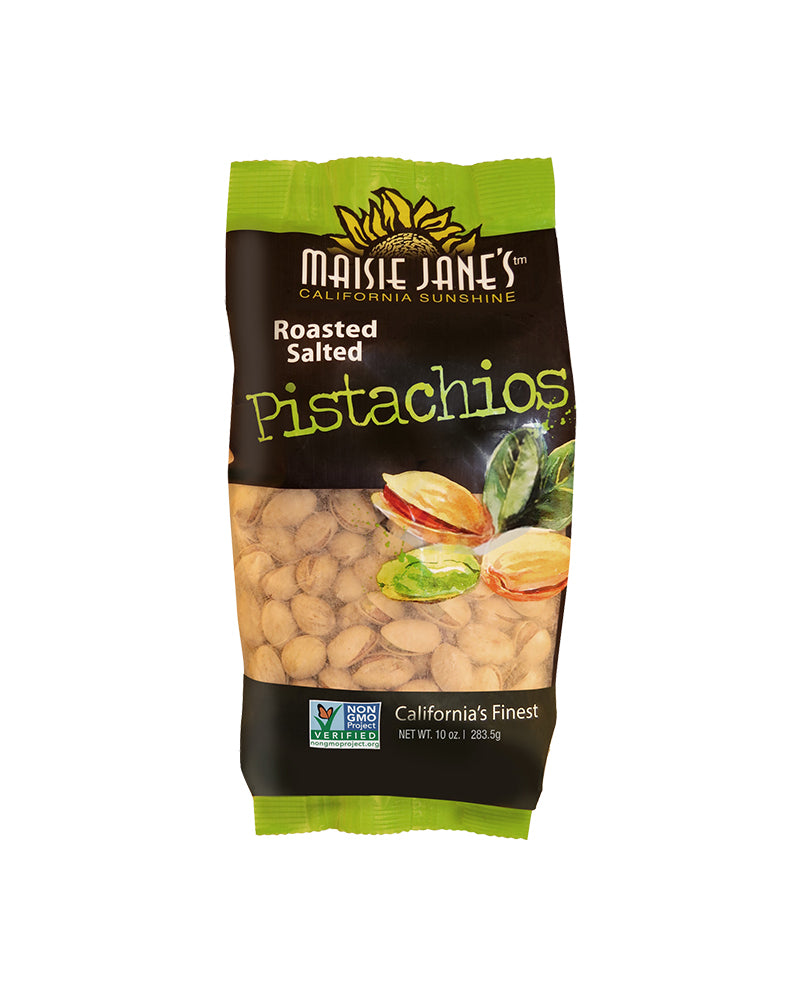 The front of Maisie Jane's Roasted & Salted Pistachios
