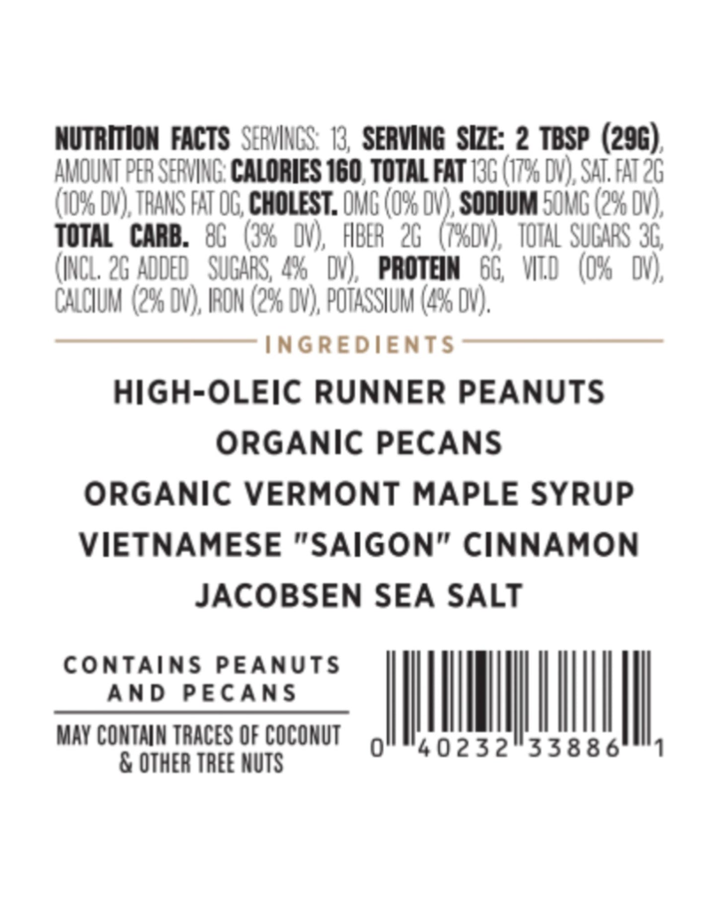 The nutrition panel of Big Spoon Roasters Maple Cinnamon Peanut + Pecan Butter