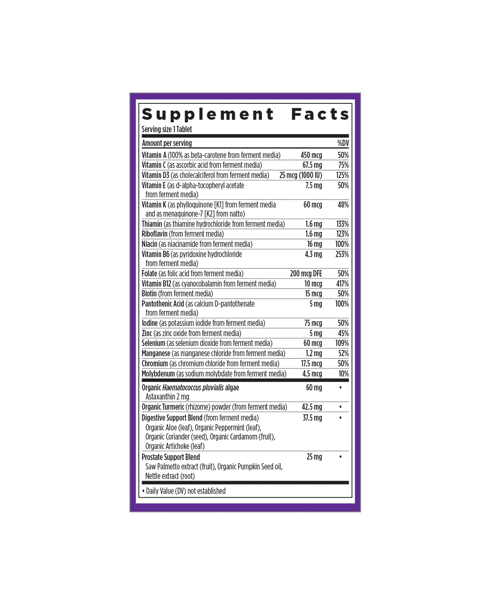 The nutrition panel of New Chapter Every Man™'s One Daily 55+ Multivitamin Tablets