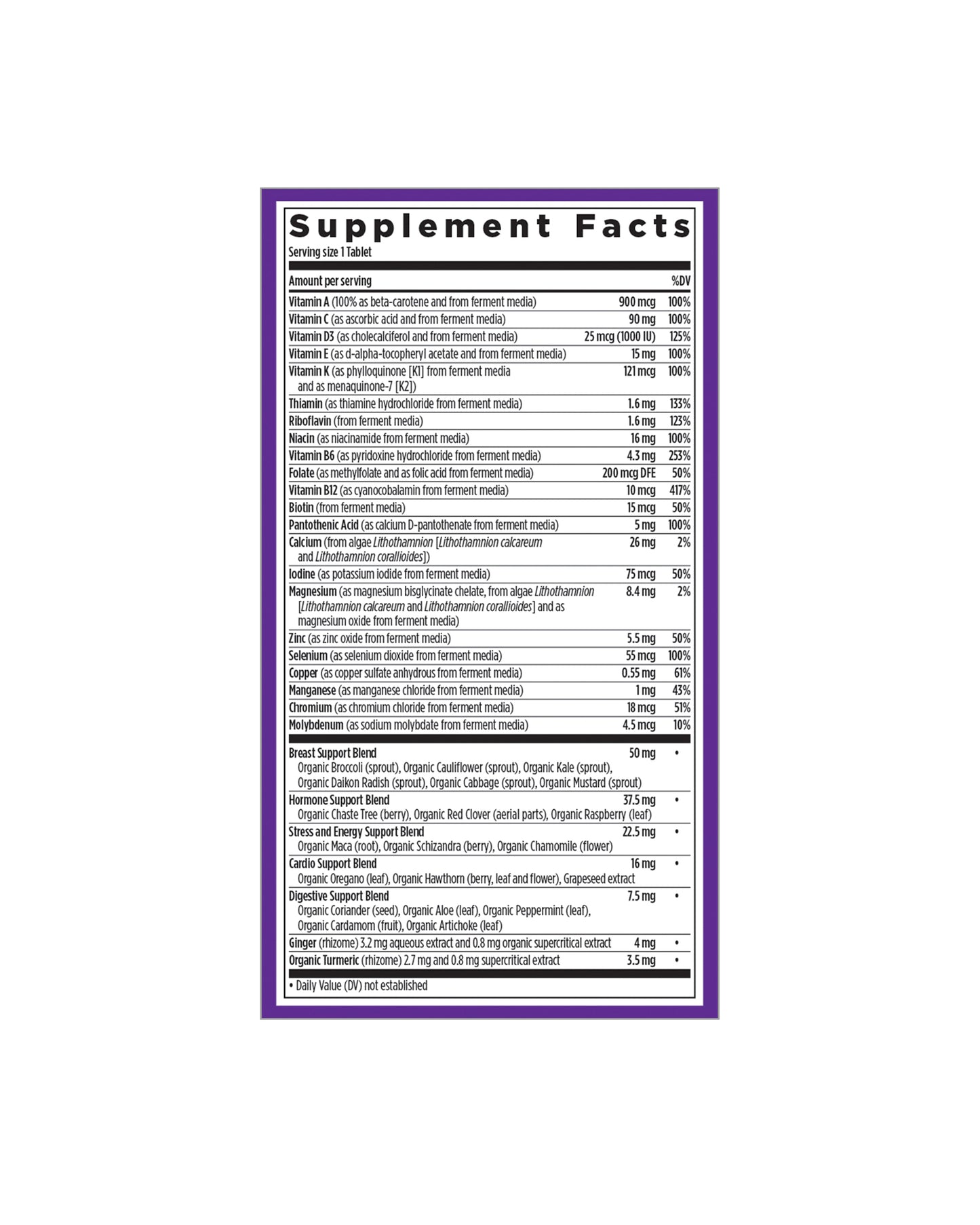 The nutrition panel of New Chapter Every Woman™'s One Daily 40+ Multivitamin Tablets