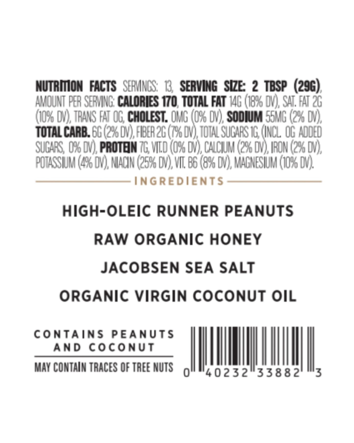 The nutrition panel of Big Spoon Roasters Peanut Butter with Wildflower Honey & Sea Salt