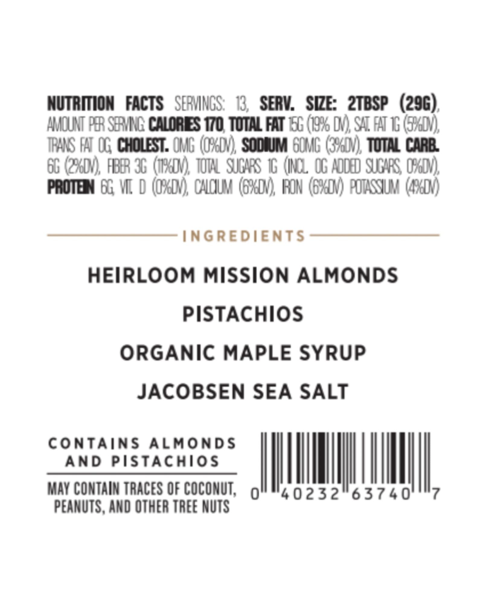 The nutrition panel of Big Spoon Roasters Pistachio Crunch Almond Butter