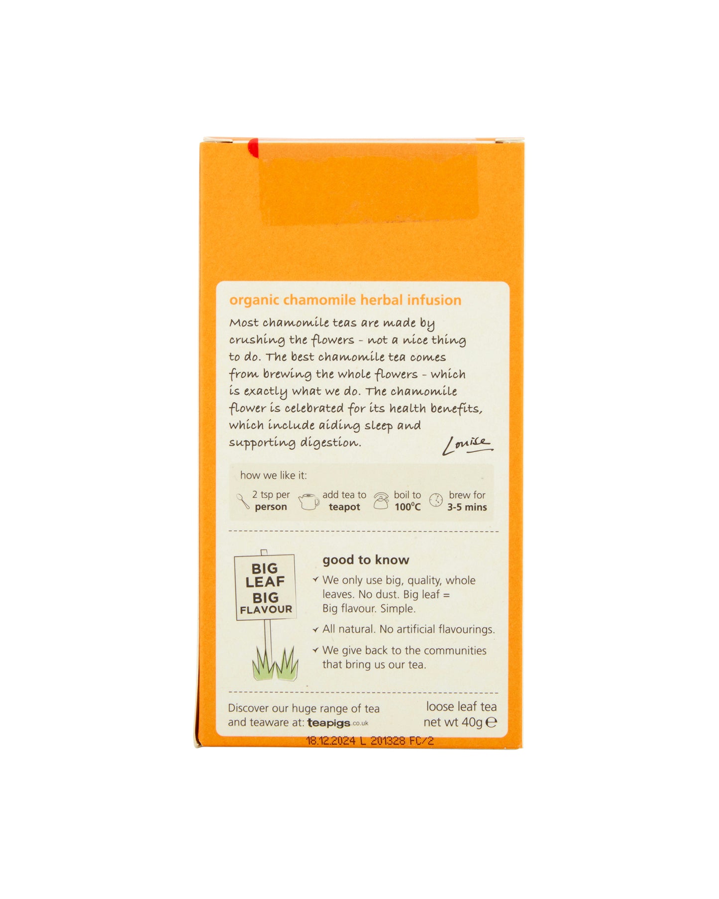 The back of teapigs Loose Leaf Chamomile Tea