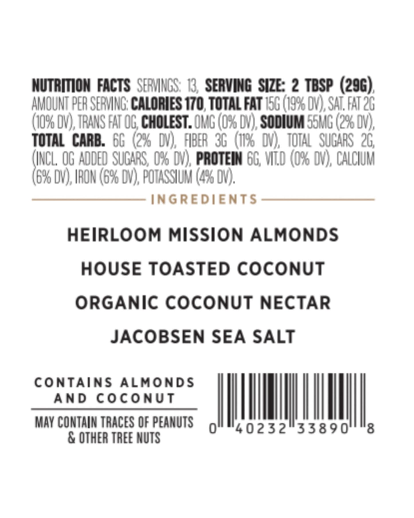 The nutrition panel of Big Spoon Roasters Toasted Coconut Almond Butter with Sea Salt