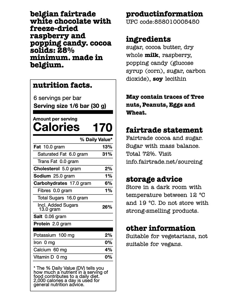 The nutrition panel of Tony's Chocolonely White Raspberry Popping Candy