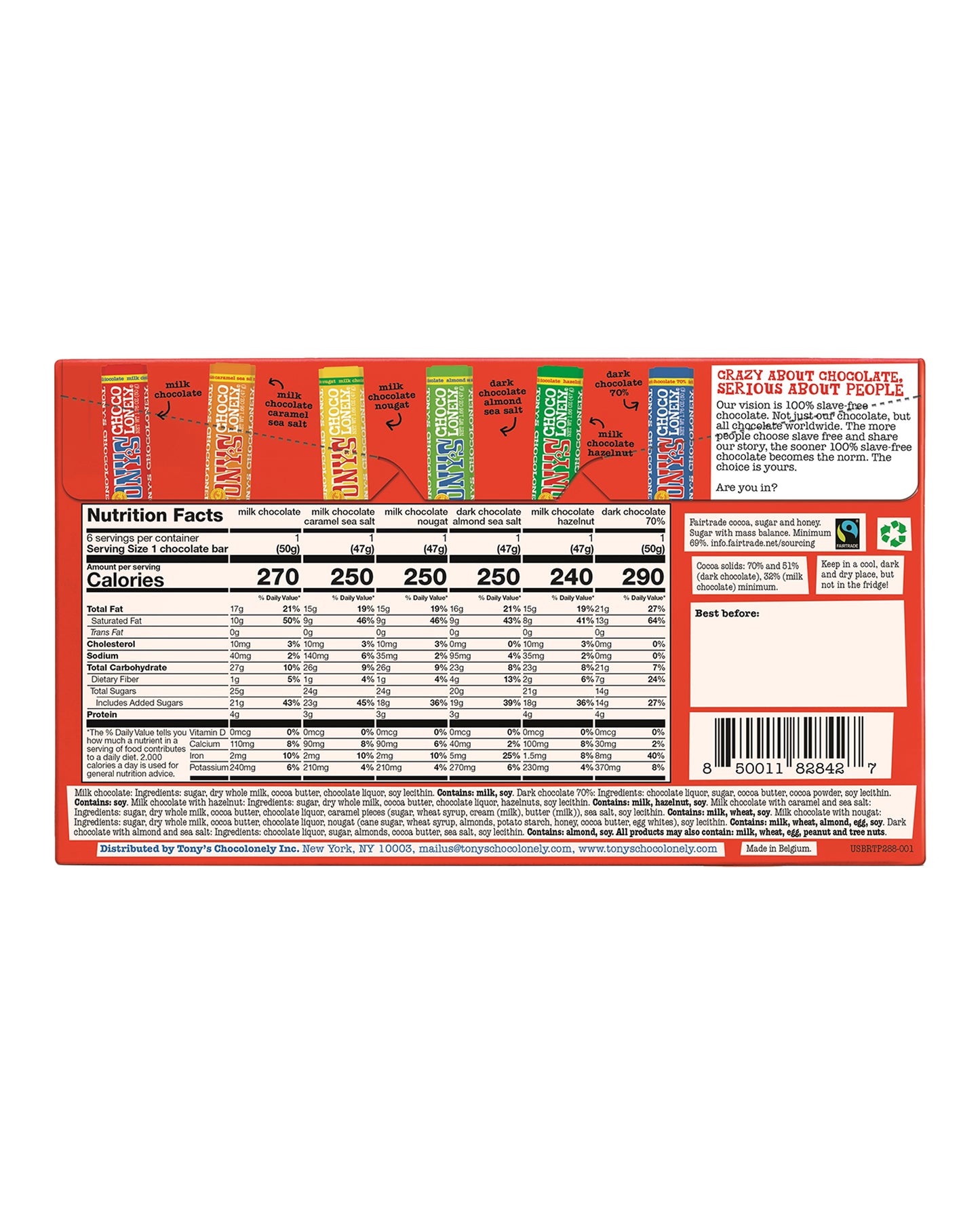 The back of Tony's Chocolonely Rainbow Chocolate Gift Box