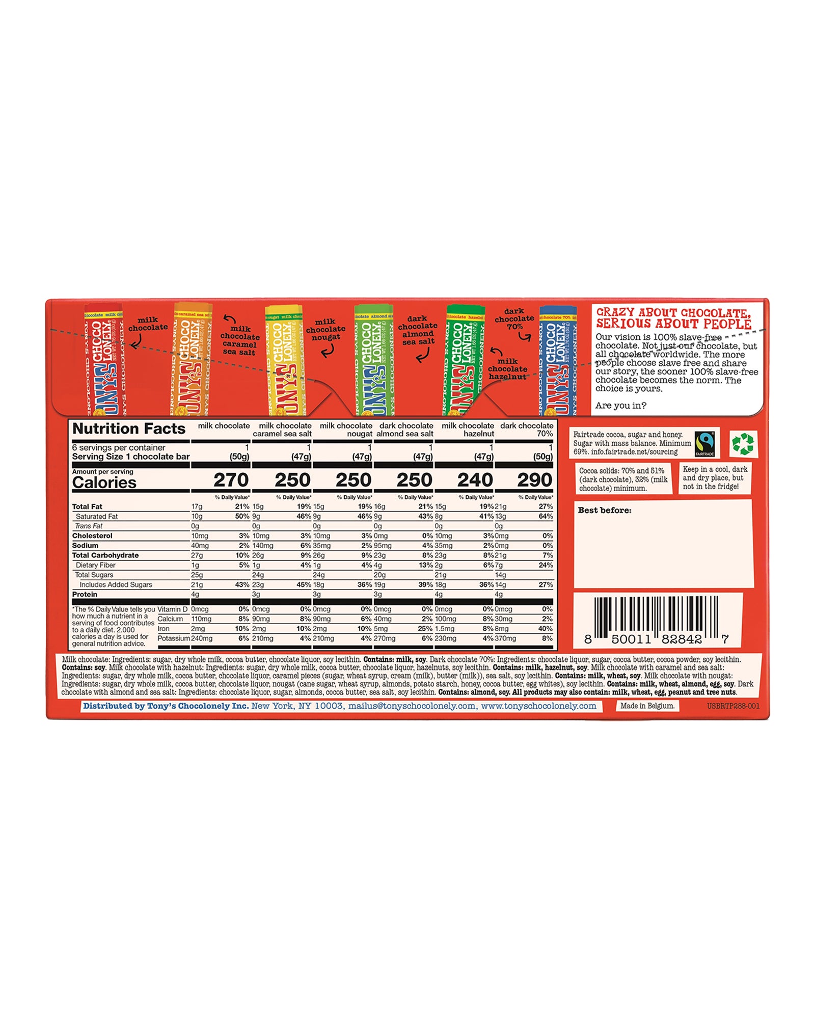 The back of Tony's Chocolonely Rainbow Chocolate Gift Box