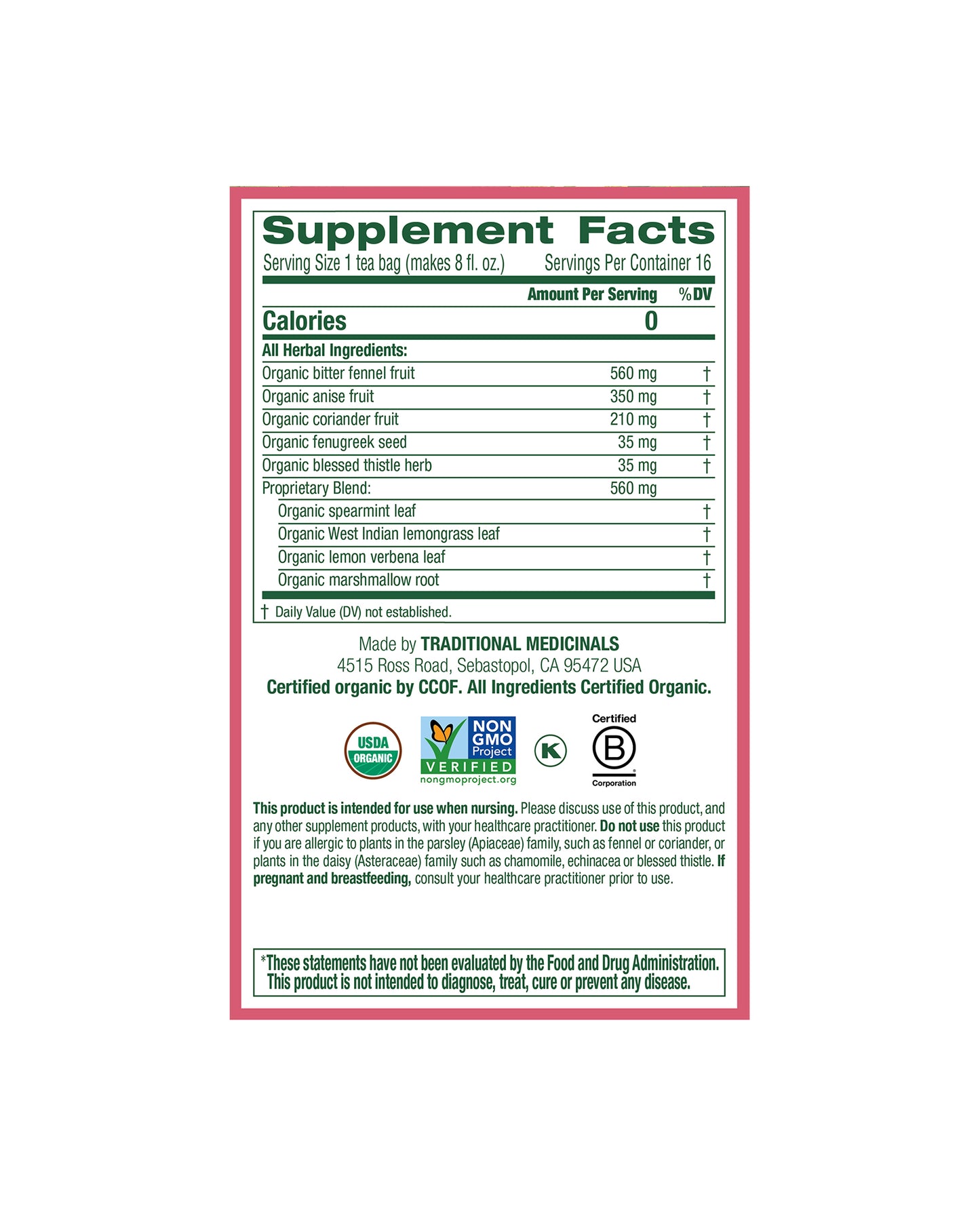 The nutrition panel of Traditional Medicinals Organic Mother's Milk Lactation Tea
