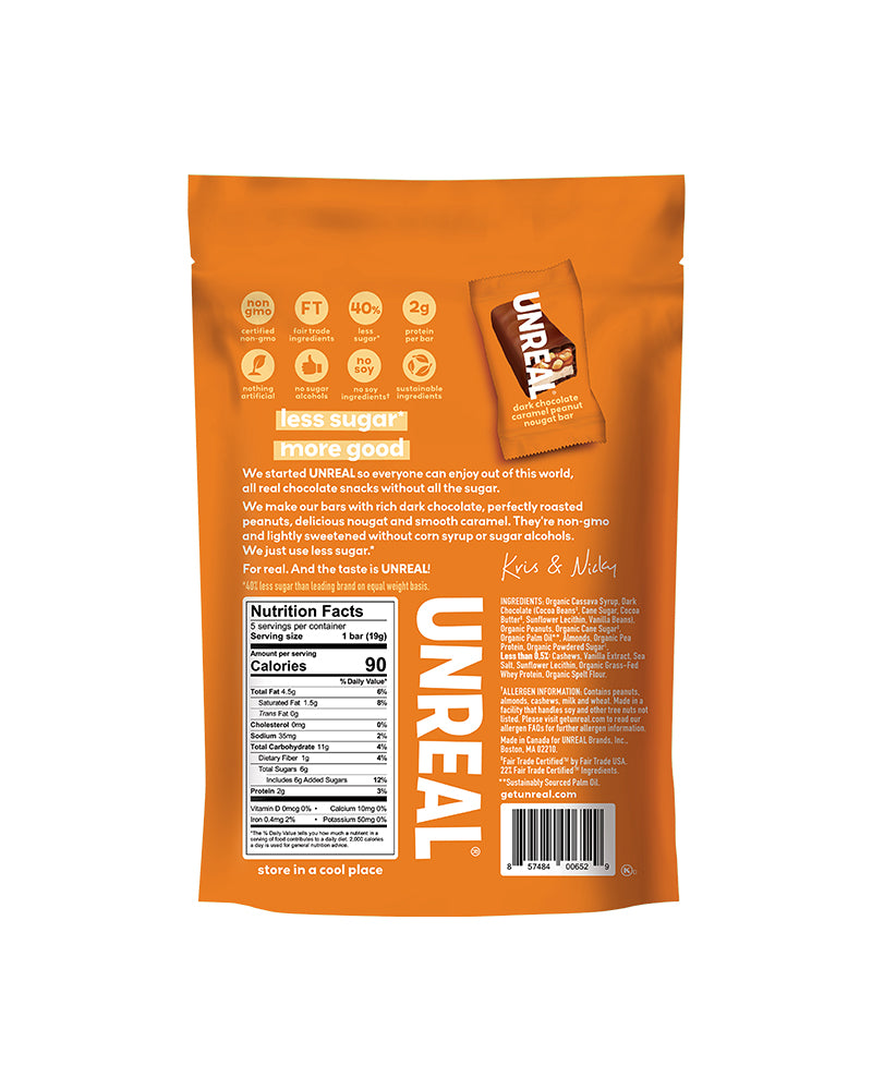The back of UNREAL Dark Chocolate Caramel Peanut Nougat Bars