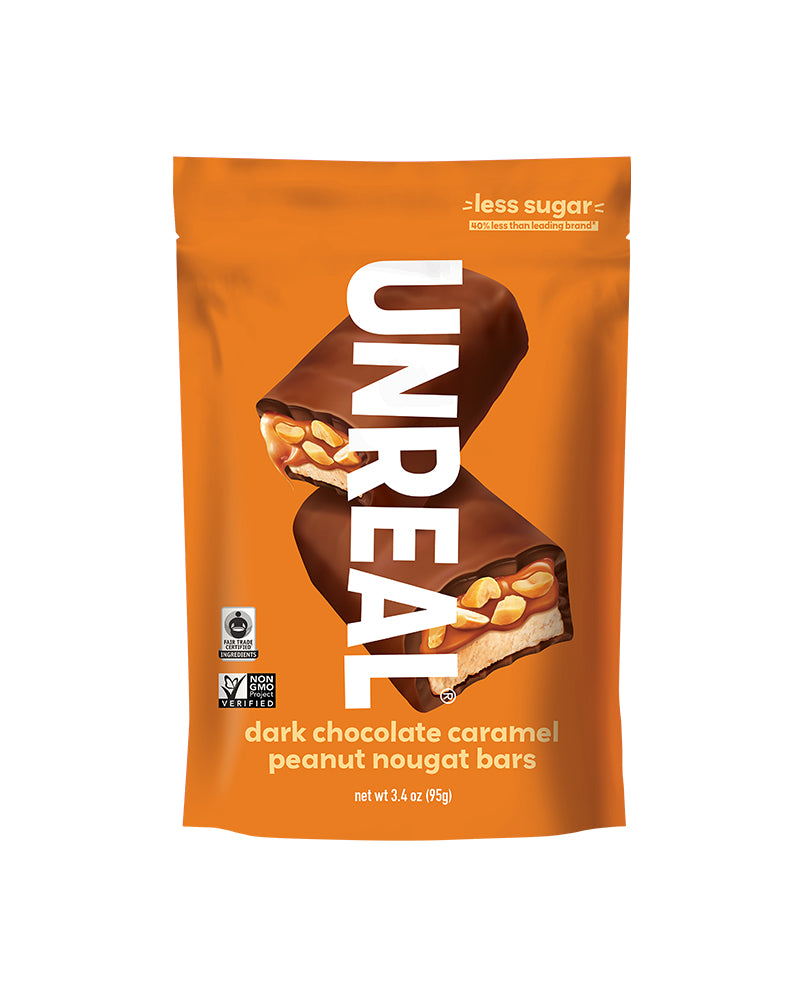 The front of UNREAL Dark Chocolate Caramel Peanut Nougat Bars