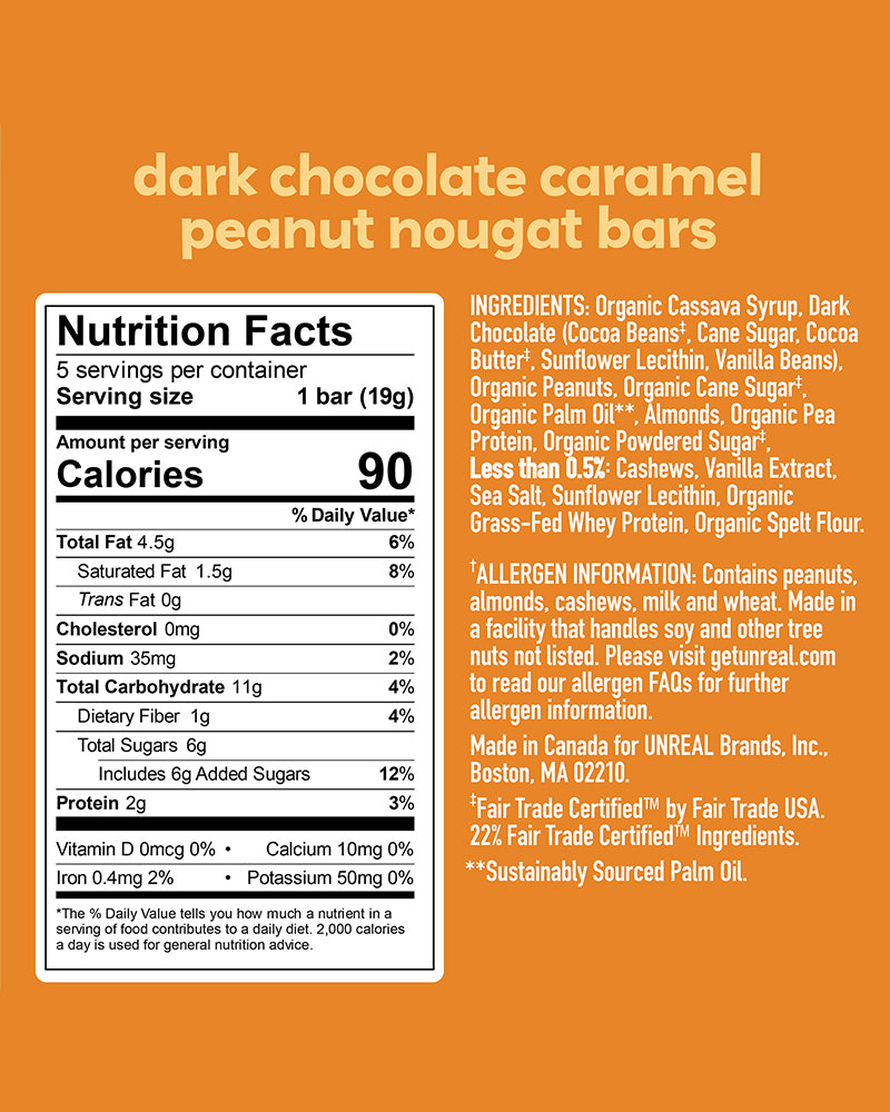 The nutrition panel of UNREAL Dark Chocolate Caramel Peanut Nougat Bars
