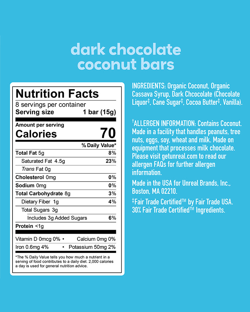 The nutrition panel of UNREAL Dark Chocolate Coconut Bars