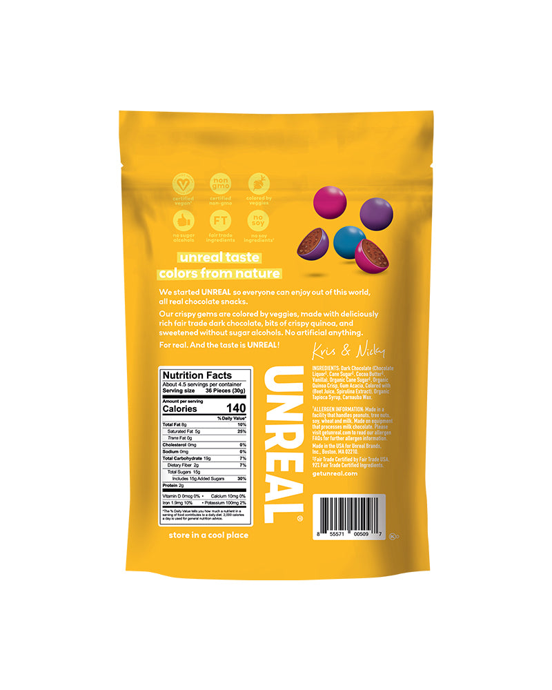 The back of UNREAL Dark Chocolate Crispy Quinoa Gems