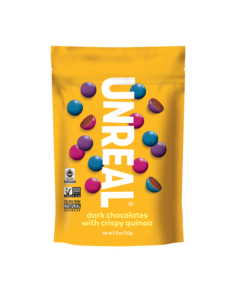 The front of UNREAL Dark Chocolate Crispy Quinoa Gems