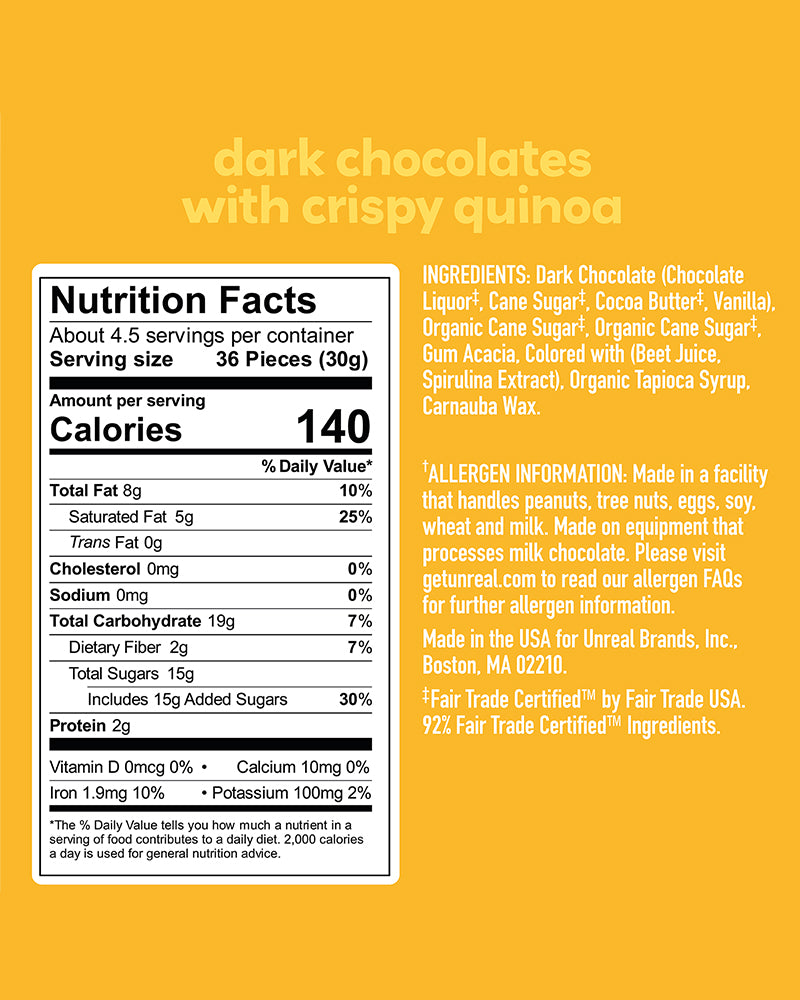 The nutrition panel of UNREAL Dark Chocolate Crispy Quinoa Gems