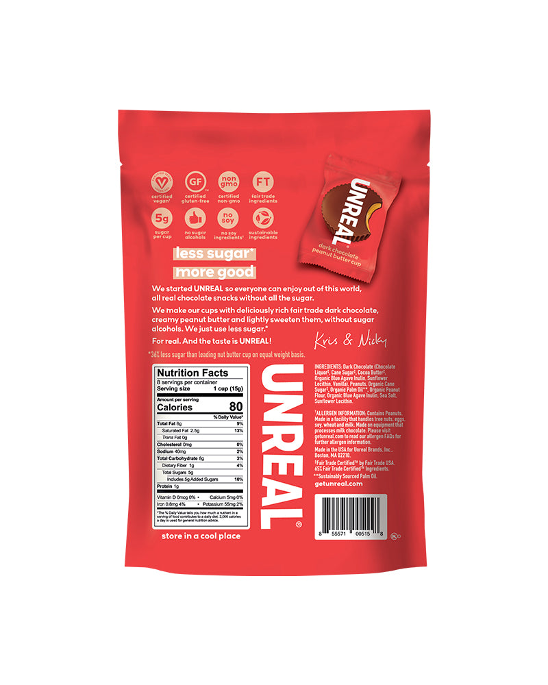 The back of UNREAL Dark Chocolate Peanut Butter Cups