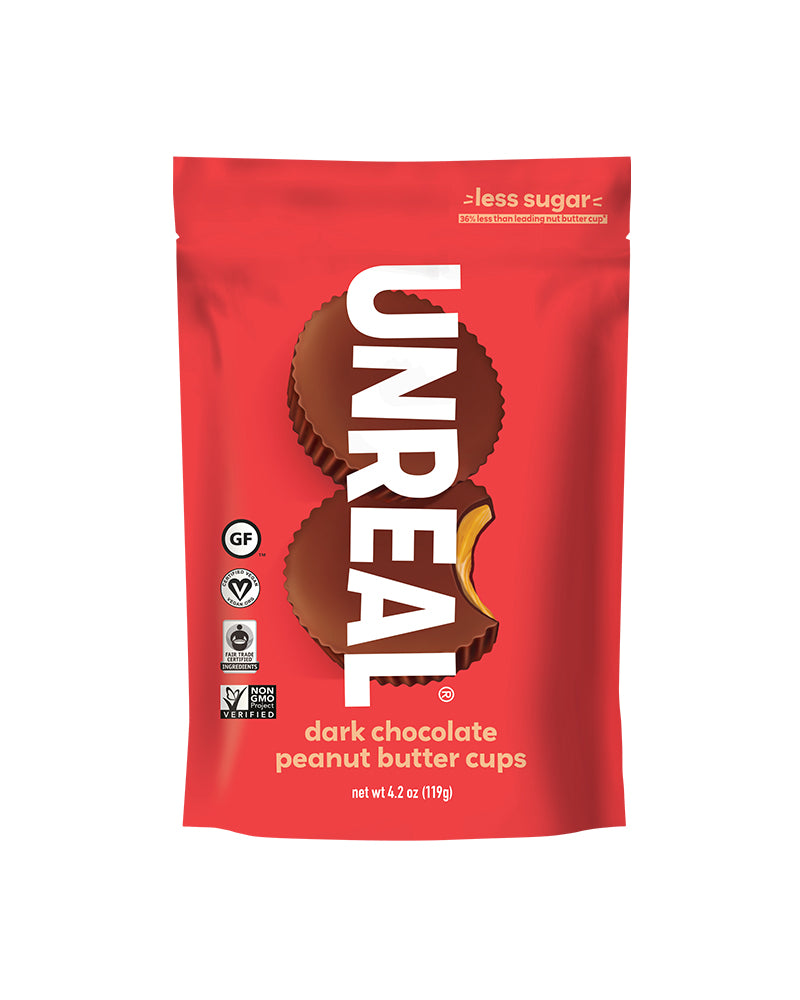The front of UNREAL Dark Chocolate Peanut Butter Cups