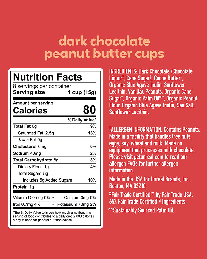 The nutrition panel of UNREAL Dark Chocolate Peanut Butter Cups