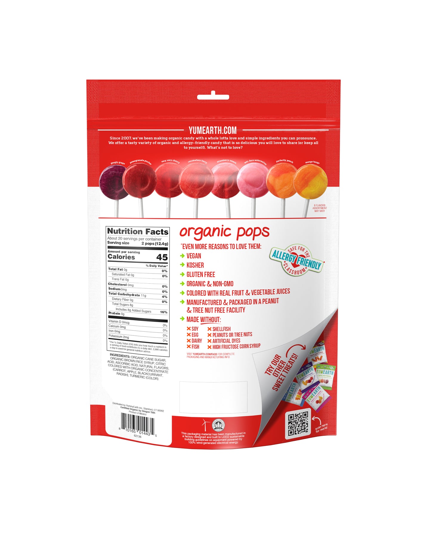 The back of YumEarth Organic Lollipops