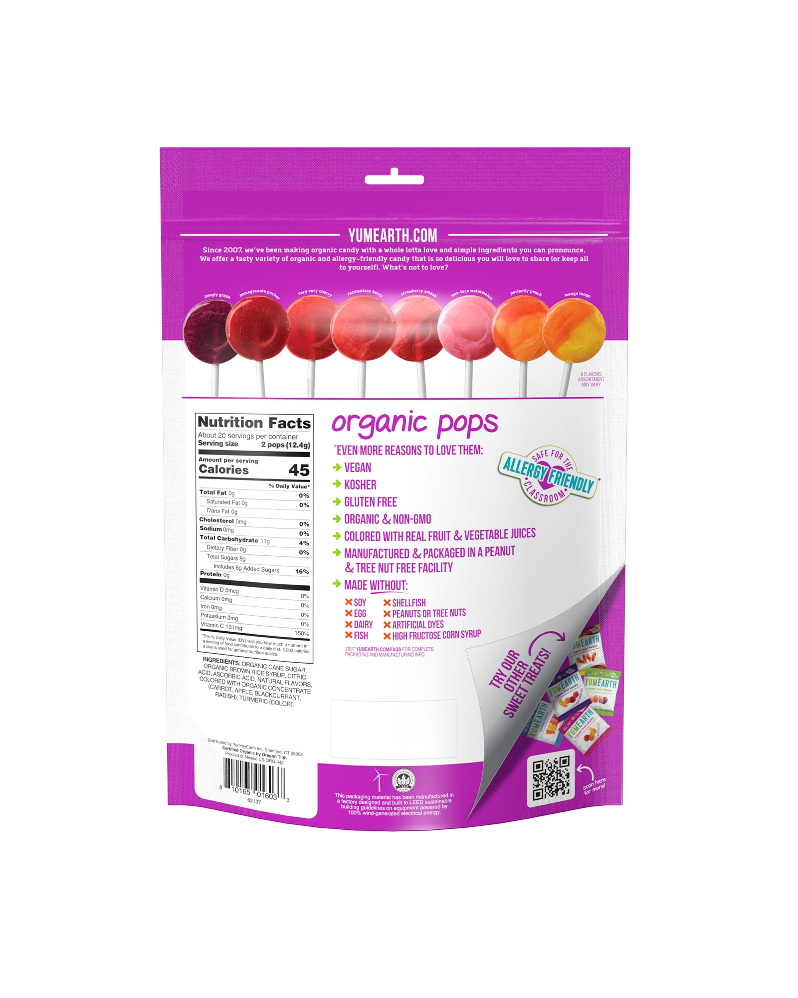The back of YumEarth Organic Assorted Vitamin C Lollipops