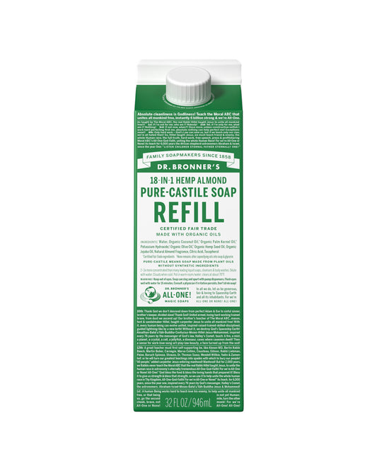 The front of Dr. Bronner's Almond Pure-Castile Liquid Soap Refill Carton