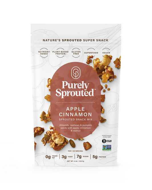 The front of Purely Sprouted Apple Cinnamon Sprouted Nut and Seed Snack Mix