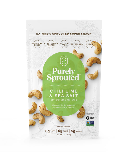 The front of Purely Sprouted Chili Lime & Sea Salt Sprouted Cashews