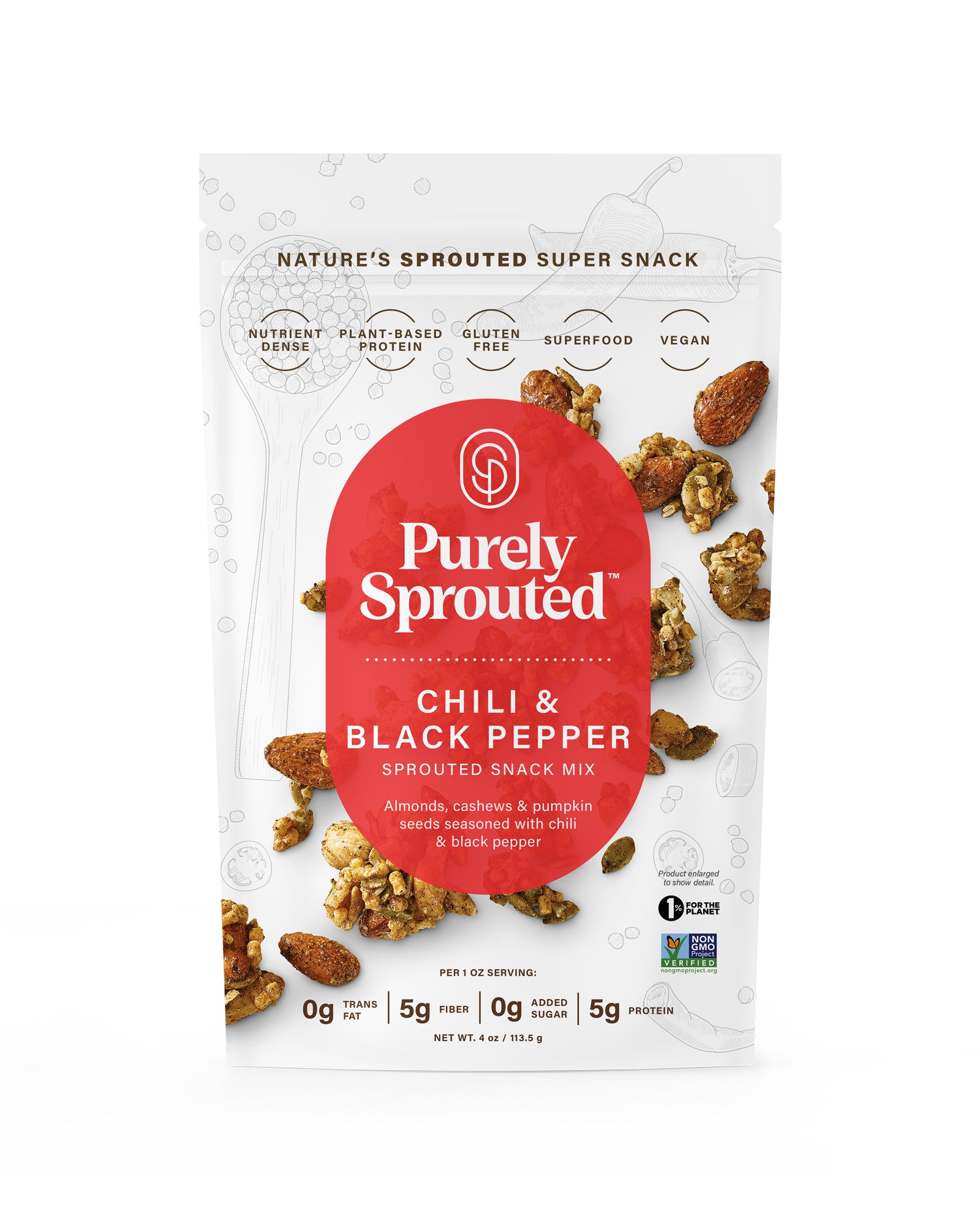 The back of Purely Sprouted Chili & Black Pepper Sprouted Nut and Seed Snack Mix