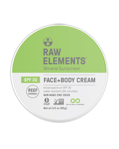 The front of Raw Elements Face and Body Sunscreen SPF 30