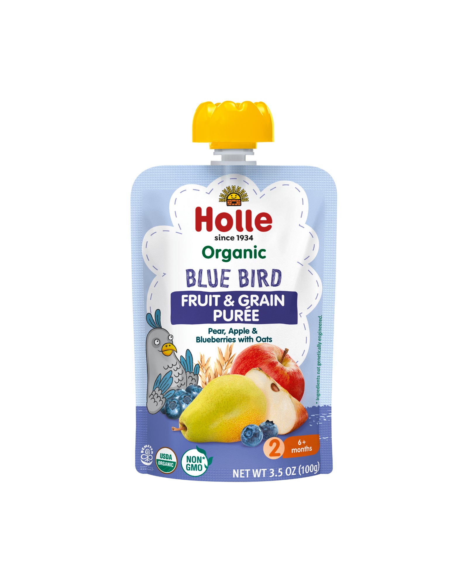 The front of Holle Organic Pear, Apple, Blueberries and Oats Baby Food - Box of 6