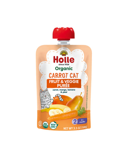 The front of Holle Organic Carrot, Mango, Banana, & Pear Baby Food - Box of 6